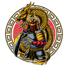Japanese samurai warrior with dragon. circle ornament background. vector illustration