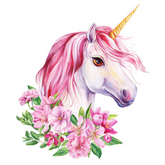 Obraz na płótnie Canvas Unicorn with flowers, watercolor animal, floral boho illustration, pink flora