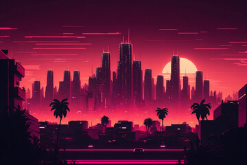 A magenta illustration city with sunset lighting. A mountain city with trees. Generative AI.