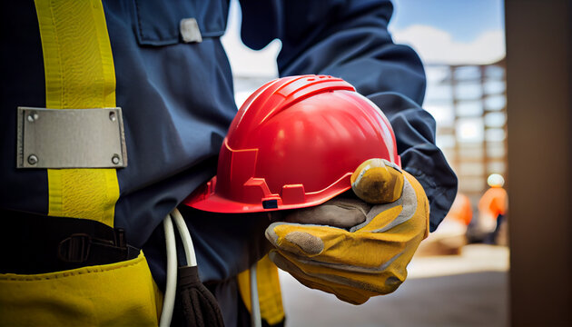 Bauarbeiter hält Sicherheitshelm in den Händen für Sicherheitsmaßnahmen auf der Baustelle - Generative Ai
