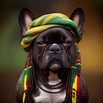 adorable ai generated French bulldog, dressed as a rastafarian