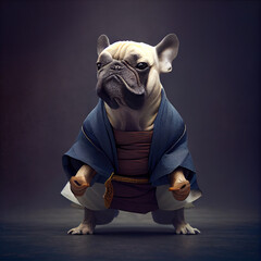 adorable ai generated French bulldog, dressed as a kung fu master