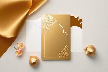 Frame, greeting card, invitation, memo, note, gift card, letter paper, for Ied Mubarak, wedding, birthday, reunion, in gold ornaments