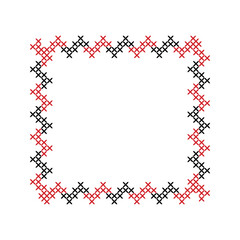 Traditional national Ukrainian red and black embroidery. Ukrainian embroidery geometric ornament with stitches and crosses, square frame. Embroidered frame, decorative element.
