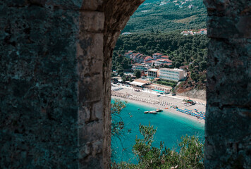 ancient ruins in Greece, roman empire architecture, the venetian castle of Parga, stone old walls with wild plants