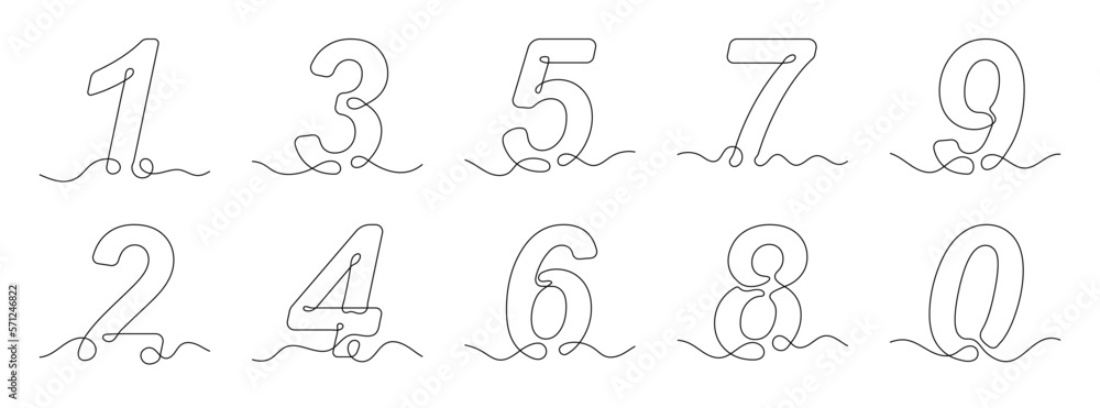 Fototapete numbers in continuous line drawing style. line art of numbers. vector illustration. set of abstract 