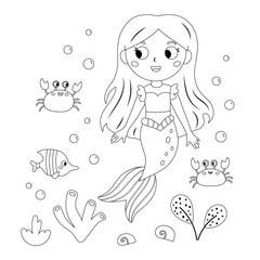 Coloring page with cute mermaid, crabs and fish. Kawaii cartoon style. Black and white vector illustration.