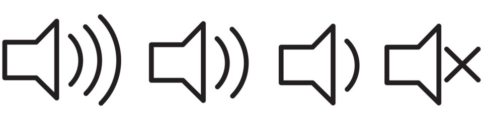 An icon that increases and decreases the sound. The icon shows mute. Set of sound icons with different signal levels in flat style. Vector.