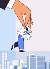 big boss hand holding fired dismissed business woman with things unemployment crisis jobless employee job reduction layoff