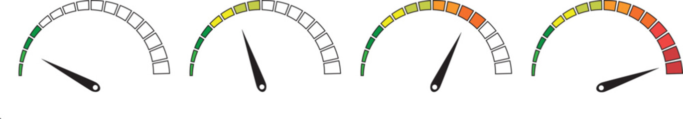 Set of speedometer icons. The level of customer satisfaction. Risk level sensor. Colorful info graphic speedometer icon set. Performance meter.