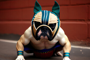 adorable ai generated French bulldog, dressed as a mexican wrestler
