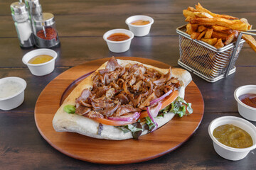 Sandwich kebab fait maison dans une assiette sur une table en bois. Döner Kebab gros plan.