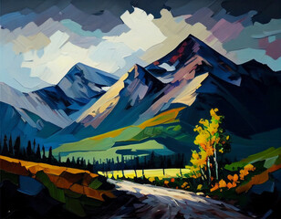 Mountain Landscape Illustration in an impressionism style, generated with AI