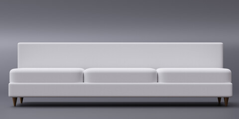 White three seat sofa isolated on grey background. Front view of modern cozy furniture. 3d render