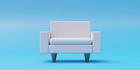 White single seat sofa with armrest isolated on blue background. Front, ad template space. 3d render