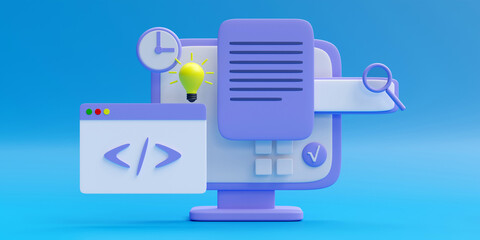 Document validate, Clock code computer window, search, cartoon minimal icons isolated on blue. 3d