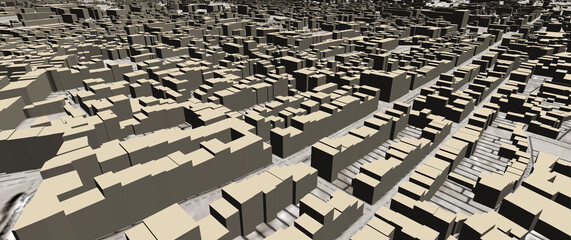 Urbanisme et territoire - Rendu 3d plan cadastral avec bâtiments 3d du centre ville d'une métropole et limites de parcelles