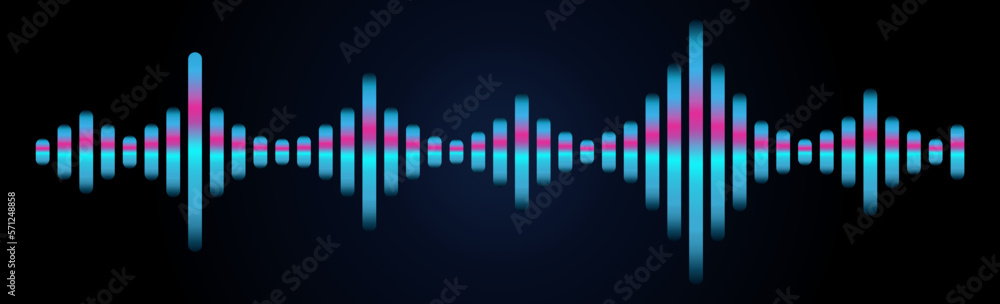 Fototapete Vector sound and audio waves in colorful light dynamic flowing lines glitch effect isolated on dark background. Soundwaves rhythm symbol in concept of music, science or technology.