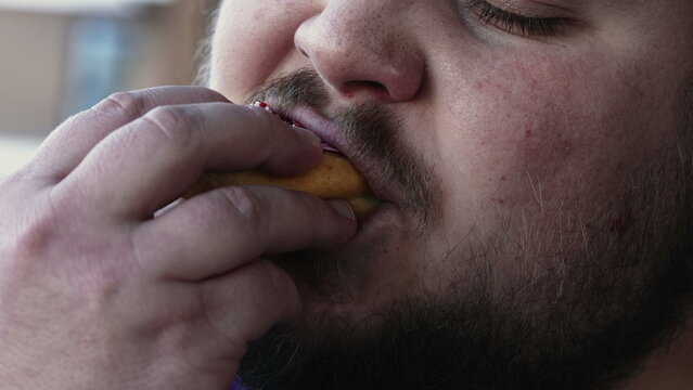 Chubby Man Eating Unhealthy Food. Person Taking A Bite Of Donut Snack