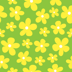 Seamless pattern of hand-drawn yellow flowers on a green background