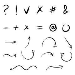 Doodle vector arrows and design elements. Hand drawn set of icons, arrows in cartoon style. Vector abstract illustration