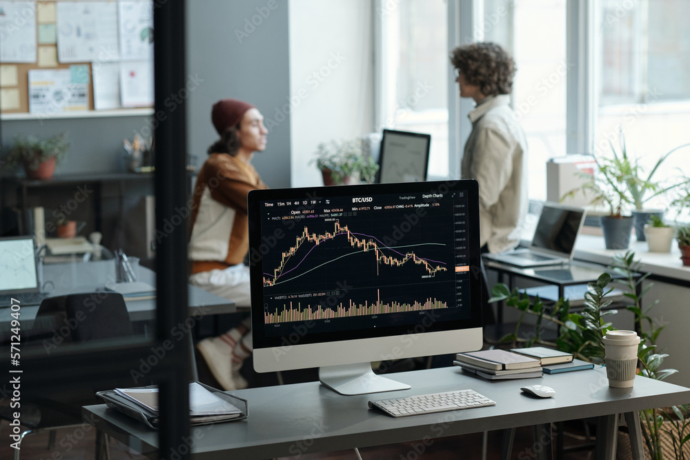 Aufkleber Focus on computer screen with graphic data obtained by analyst or broker after analyzing online statistics describing changes on stock market