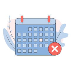 Calendar with cross mark icon vector. Cancel event icon. Wrong day on calendar icon. Vector flat cartoon illustration