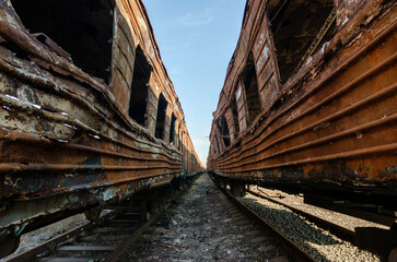 damaged and burnt trains in Ukraine