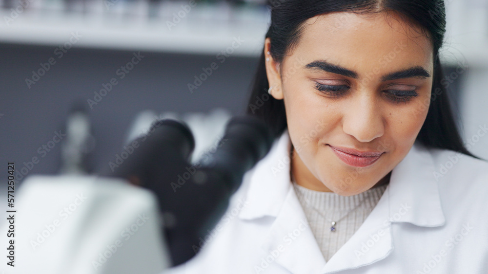 Poster Young scientist using a digital tablet and microscope in a lab. Female pathologist analyzing medical samples while doing experiments to develop a cure. Microbiologist conducting forensic research