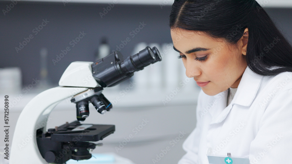 Poster Female scientist using a microscope in a research lab. Young biologist or biotechnology researcher working and analyzing microscopic samples with the latest laboratory tech equipment