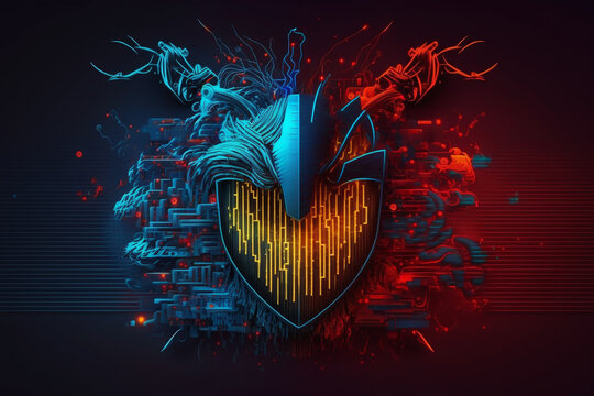 The concept of cyber security. Hackers enter the system breaking the firewall or shield using virus made with Generative AI