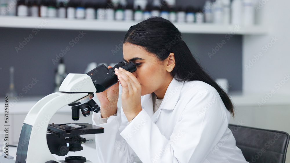 Poster Female scientist using a microscope in a research lab. Young biologist or biotechnology researcher working and analyzing microscopic samples with the latest laboratory tech equipment