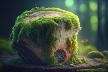Moss that grows from old tree stumps in a large forest surrounded by nature. generative ai