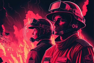 Illustration of firefighter in action, fighting with fire. Concept for poster or template for international firefighters day. Generative AI
