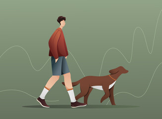 white guy with dark hair in a red t-shirt, blue jeans, sneakers, walking with a dog for a walk on a green abstract background in a flat style