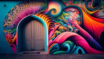Art on a wall with different vibrant colours and a door on the left