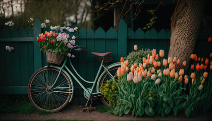 Fototapeta na wymiar Beautiful bouquet of spring flowers in vintage style bicycle wooden crate. Space to place text.