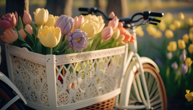 Beautiful bouquet of spring flowers in vintage style bicycle wooden crate. Space to place text.