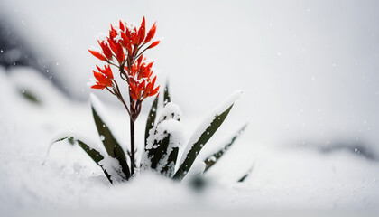 Beautiful isolated red flower sprouting under the snow giving the feeling of the beginning of spring. Space to place text.