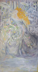 Beautiful woman with long flowing ginger curly hair in long gown walking by cloudy fog. Fairy girl with falling tulips spring bouquet on classic architecture town background. Femininity and freedom co