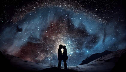 Fototapeta premium A loving couple kissing under a starry sky. generative AI