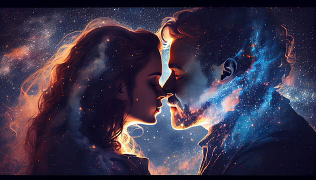 A loving couple kissing under a starry sky. generative AI