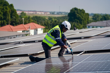 Technology solar cell, Engineer service check installation solar cell on the roof of factory. technician checks the maintenance of the solar panels