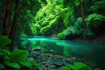 River in the big forest during spring and beautiful nature Generative AI.