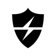Shield with lightning. Black shield icon. Vector illustration. Protection symbol. Safety concept.