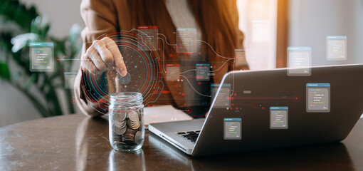 Team colleagues wear formal attire to work together to optimize business processes by using new technologies. high tech hologram in office background.