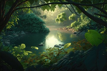 River in the big forest during spring and beautiful nature Generative AI.