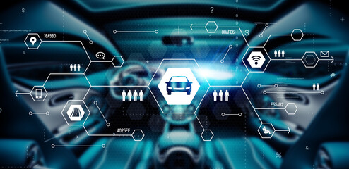 Futuristic car interior and communication network concept. Wide angle visual for banners or...
