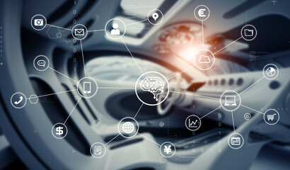 Futuristic car interior and artificial intelligence concept. Wide angle visual for banners or advertisements.