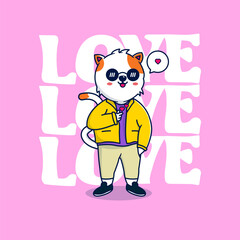 Cute cat showing love sign cartoon illustration, flat cartoon style